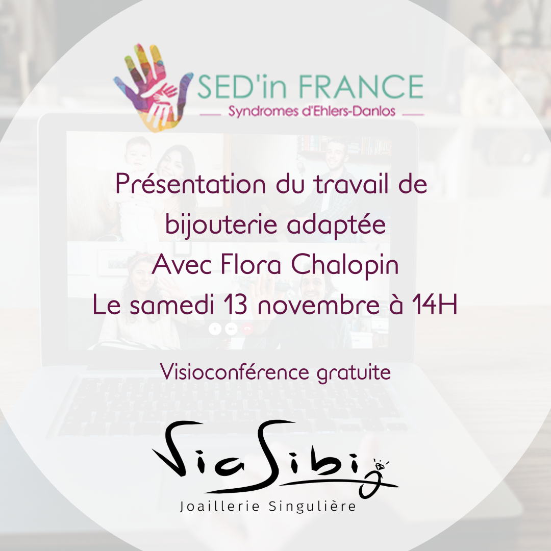 Annonce de la visioconférence sur la présentation du travail de bijouterie adaptée, avec Flora Chalopin, le samedi 13 novembre à 14h.